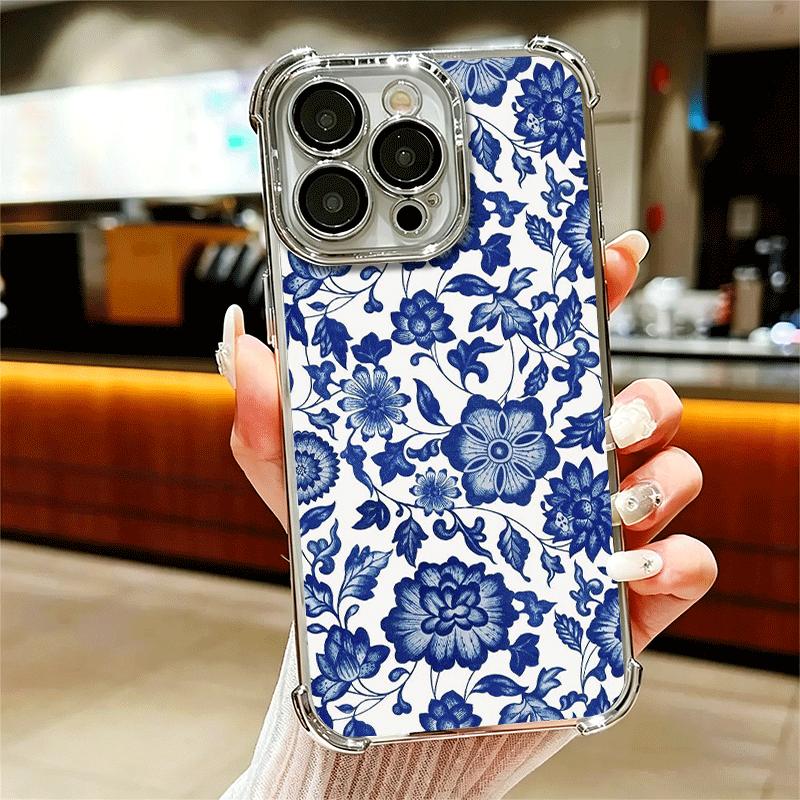 Blue And White Porcelain Pattern Plating Phone Case For Iphone 16 17 Pro Max Air 16E 14 15 Plus 12 13 Mini Anti-Fall Airabag Cov