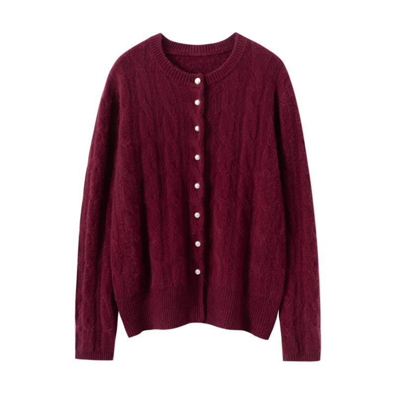 Soft Cashmere Knit Cardigan - Women's Autumn/Winter Solid Color Single-Breasted Cable Knit Round Neck Outerwear