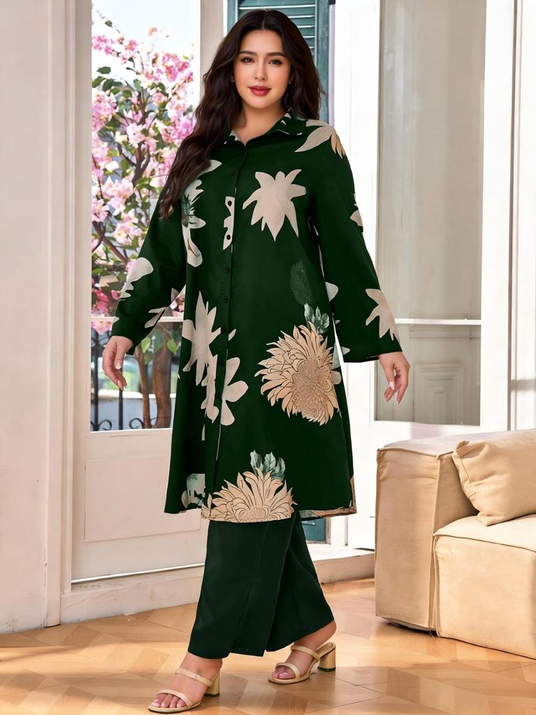 Dubai Plus Size Floral Long Sleeve & Pants with Long Skirt - Elegant Two-Piece Set