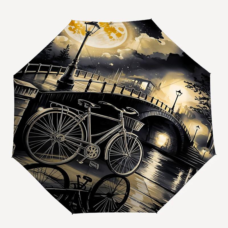 Moonlit Bridge Bicycle Themed Automatic Opening and Closing Umbrella, Brightly Colored 8-rib Portable Umbrella, Suitable for Men and Women,