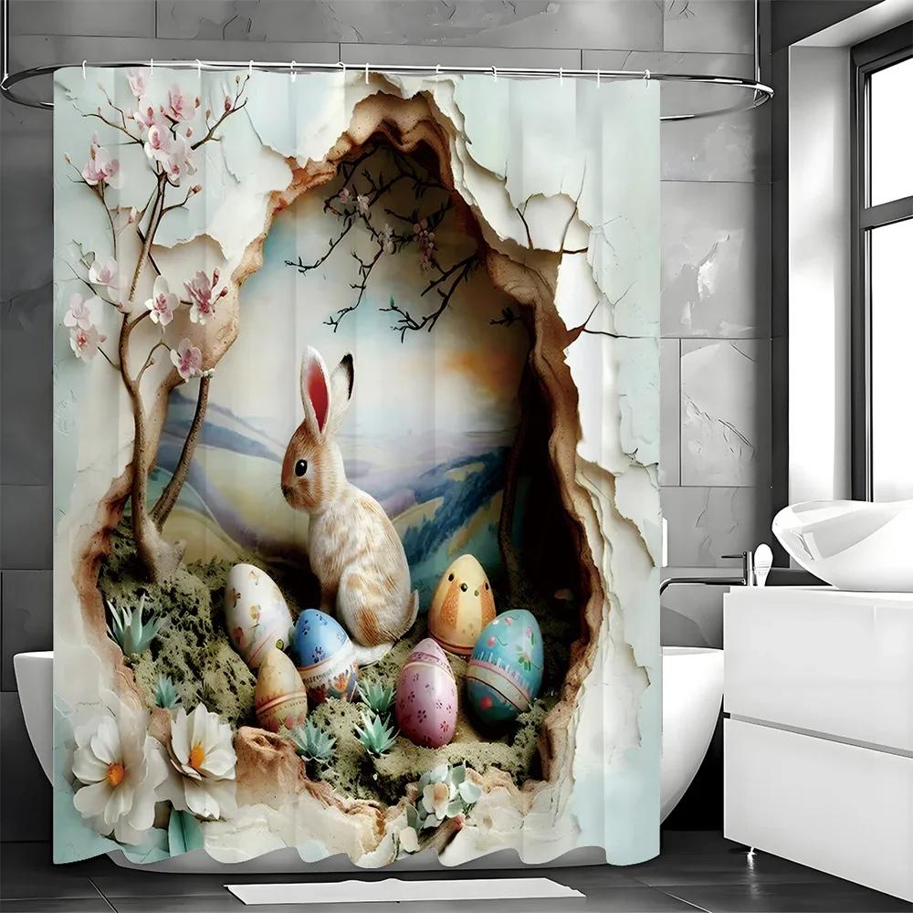 Easter Cute Bunny Shower Curtain, Cute Floral Burrow Eggs Bathroom Decorative Shower Curtain, Waterproof Shower Curtain with Hoo