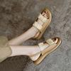 Footwear Wedge with Platform Waterproof Ladies Shoes Medium Heels Summer 2024 Beige Sandals for Women Roman Style Lace Trend H F