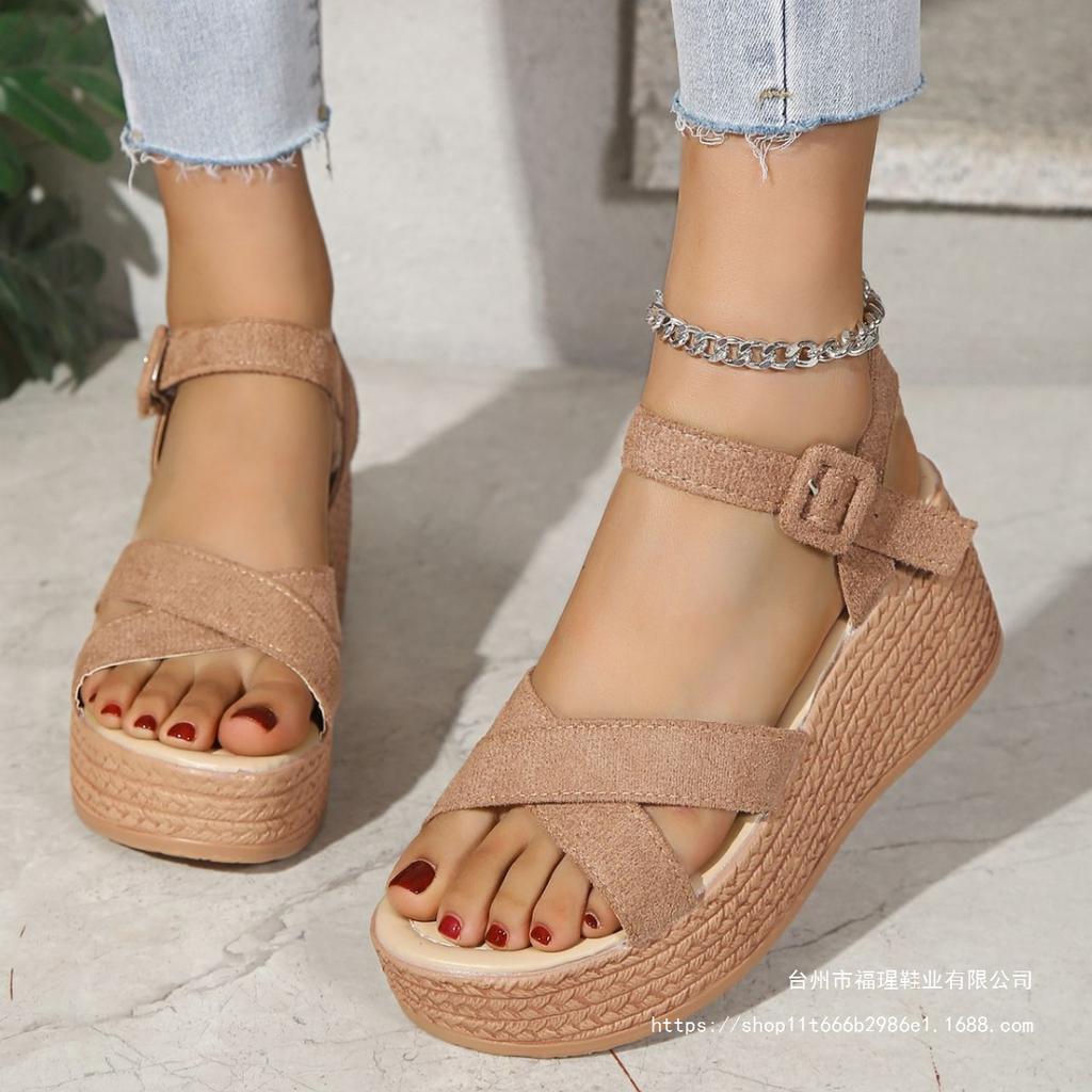 Sandals women's foreign trade large size 2025 summer new muffin wedge heel platform sandals suede women's high-heeled sandals