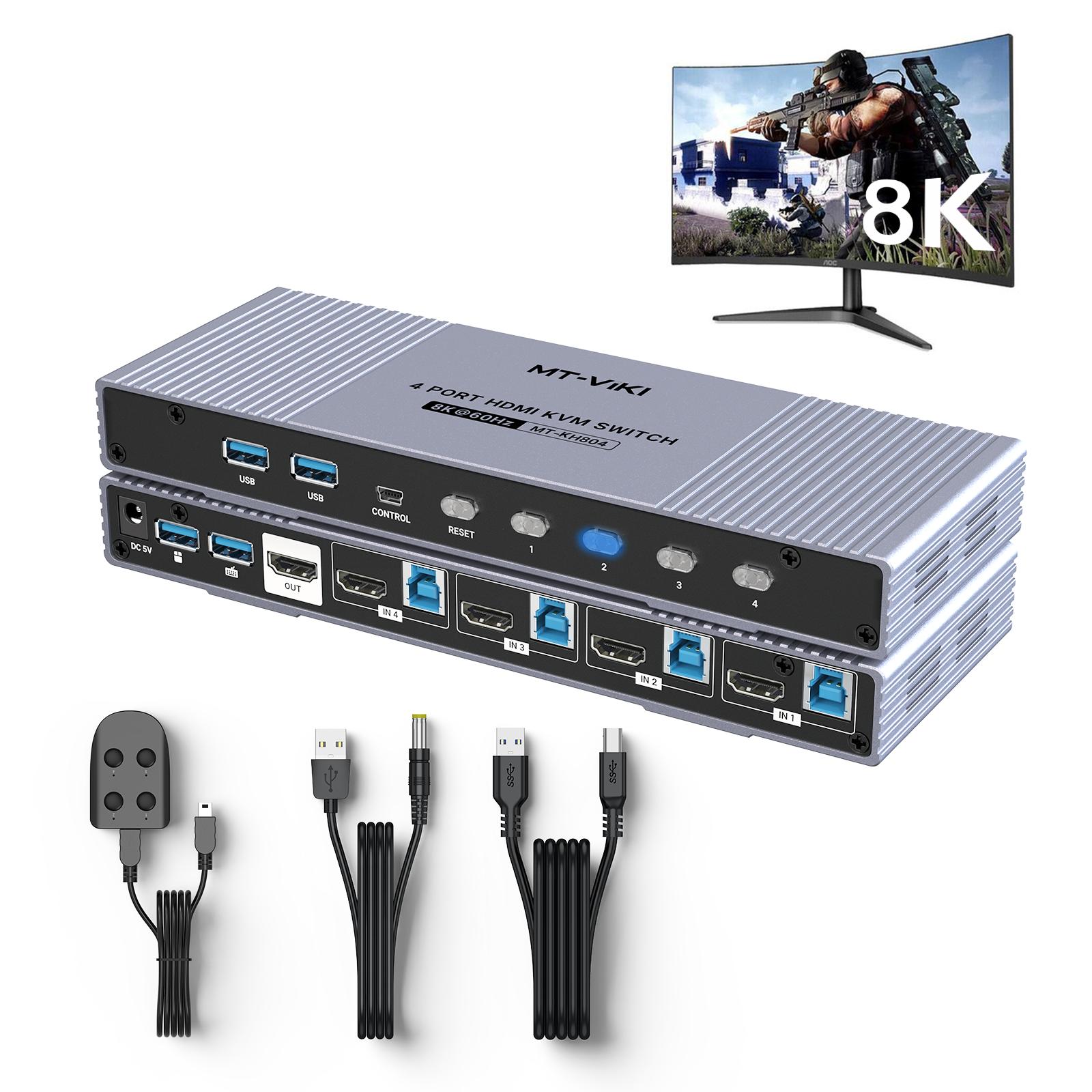 8K 4K HDMI KVM Switch 4 Port 8K 60HZ 4 in 1 Out, MT-VIKI HDMI KVM Switch 8K 60HZ 4K 120HZ 2 in 1 Out 4 in 1 Out, 4X1 2X1