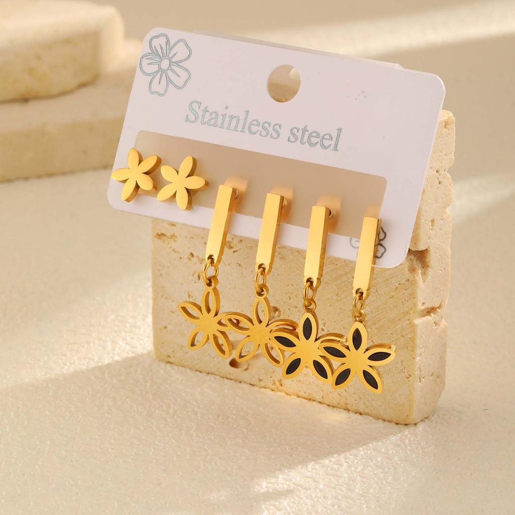 Dreiteiliges Set Ohrstecker für Damen, Hohl, Schleife, Blume, Herz, Edelstahl, Ohrstecker-Set, Großhandel Schmuck Geschenk
