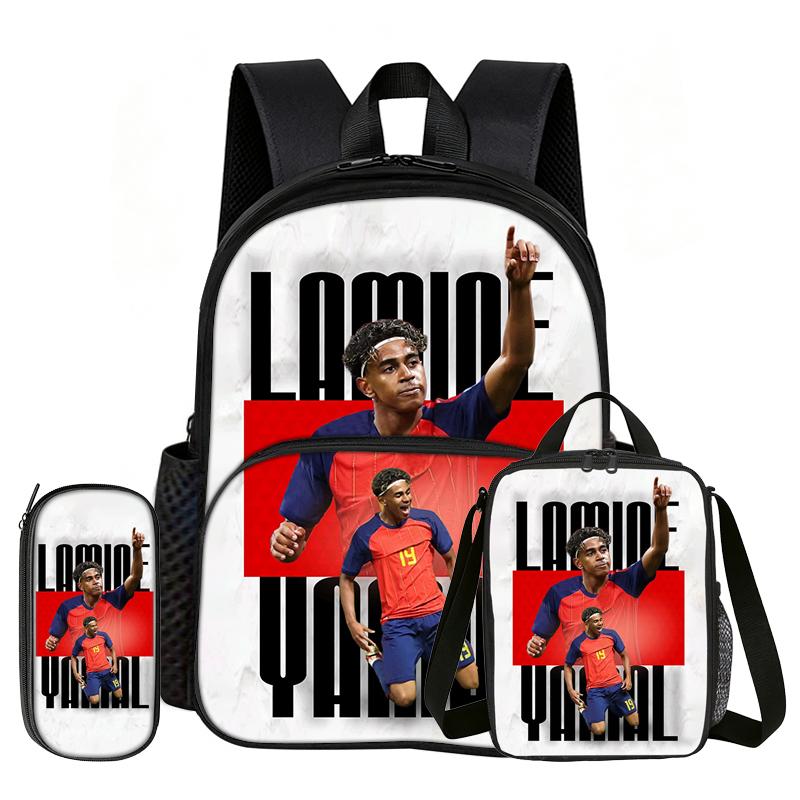Learn, Travel Football Star School Bag L-Lamin Yamal 3 Pcs Set with Front Pocket Backpack Lunch Bag, Pencil Case, Sport Rucksack