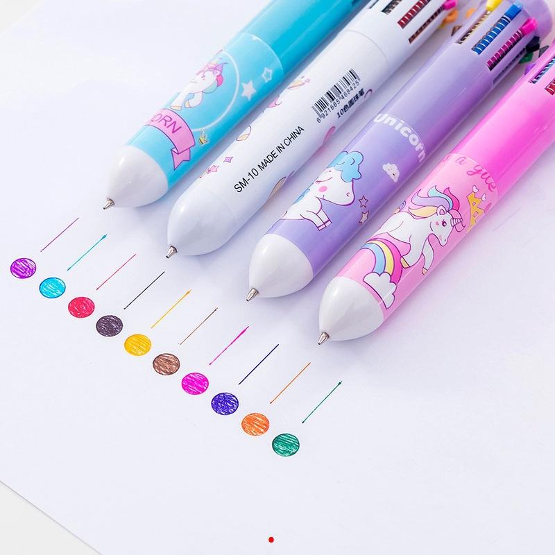 4Pcs Cute Cartoon 10 Color Ballpoint Pen Multi-color Retractable Oil Pen Kawaii Unicorn Swan Dinosaur Office School Supplies