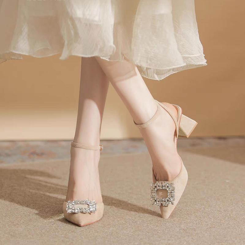 Ankelrem Kristallsandaler Kvinnor Spetsiga Skor Höga Klackar Sandalias De Mujer Glänsande Damer Strass Fyrkantiga Klackpumpar