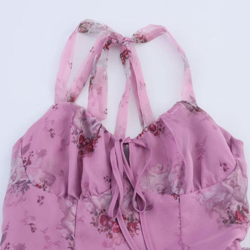 Kaslead New Women Clothes Western Style Fashion Simple Organza Print Backless Hanging Neck Long Dress