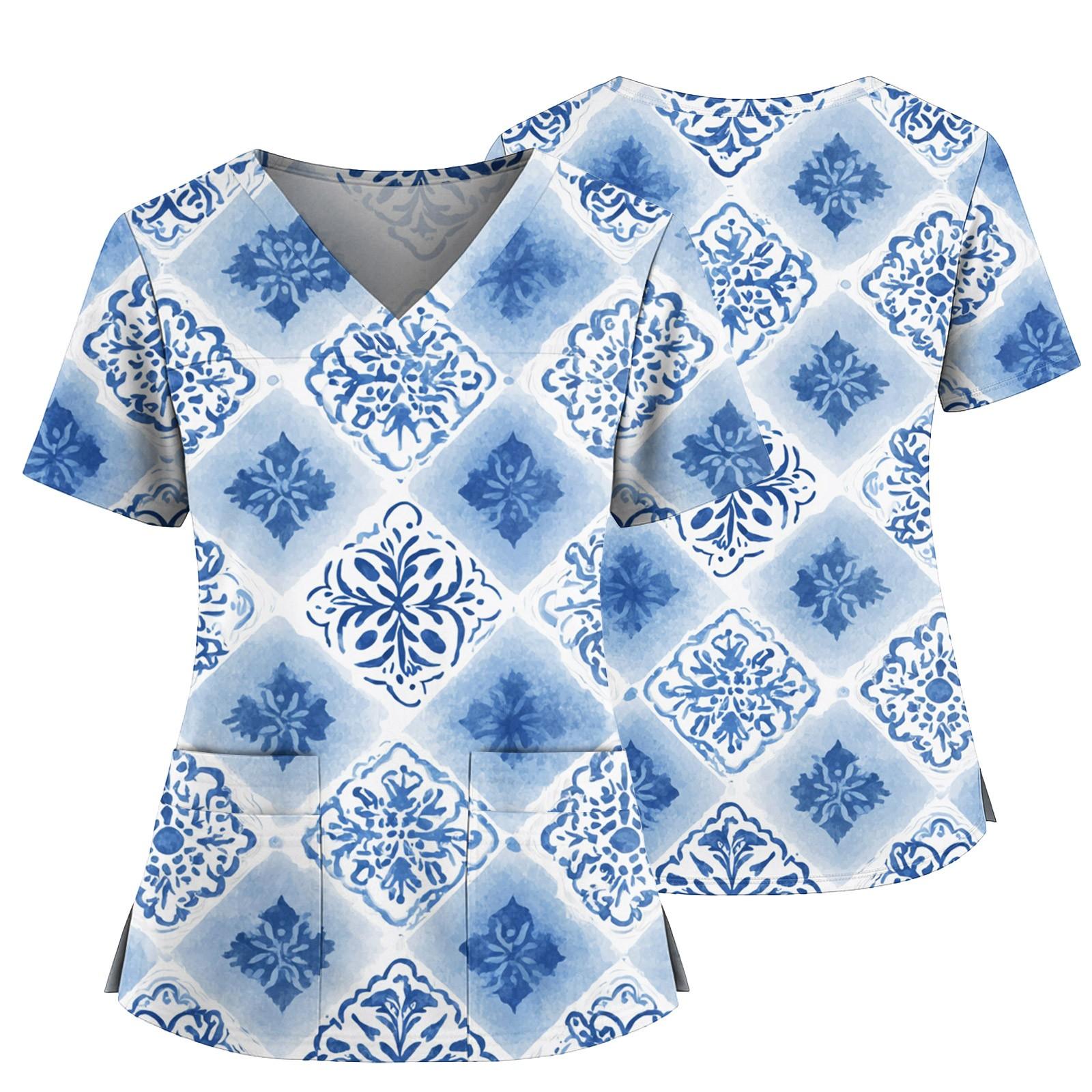 

Женский повседневный топ с принтом, V-образным вырезом, карманом, боковым разрезом и короткими рукавами XL небесно-голубой