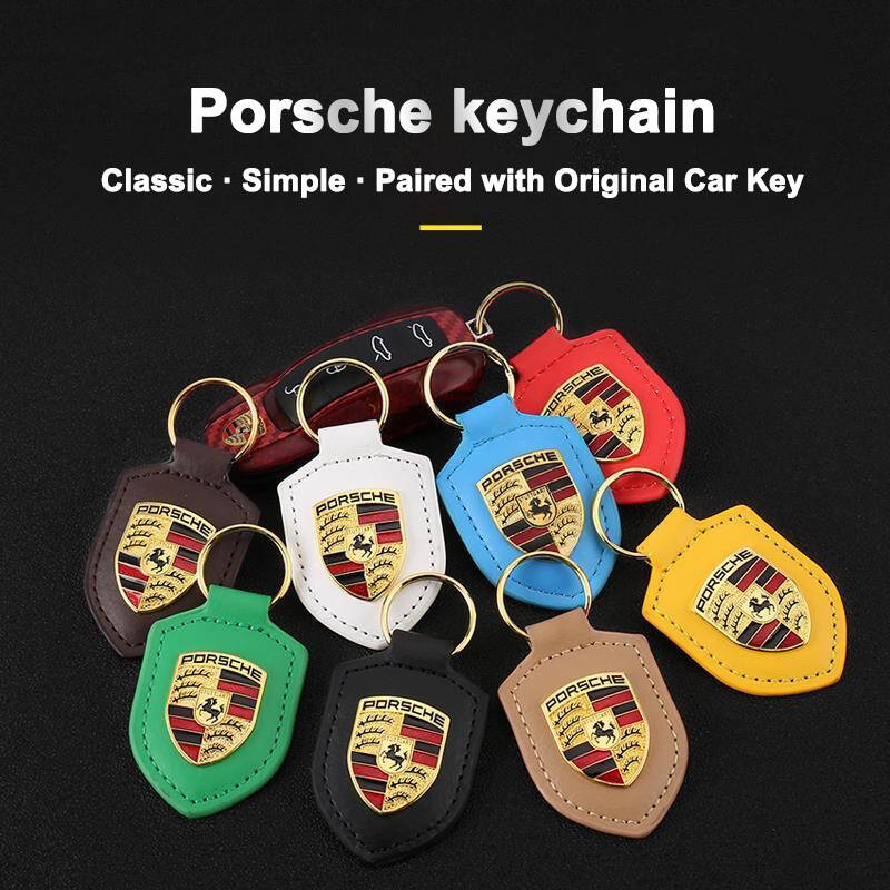 Leather Metal Car Keychain 3D Emblem Key Chain Ring For Porsche Macan 911 718 Taycan Panamera Cayenne Boxster Cayman Accessories