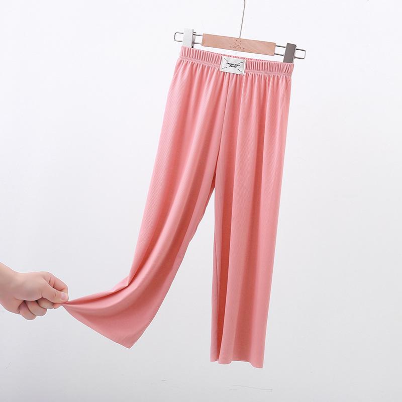 Summer Ice Silk Girls Panst Kids Casual Solid Trousers Children Clothes Mid Elastic Waist Drawstring Wide Leg Pants
