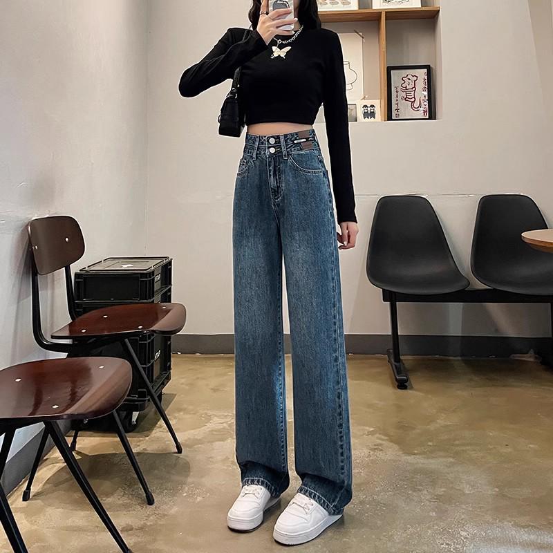 

Женские джинсы с высокой талией в стиле ретро синего цвета с широкими штанинами на весну и осень 2024 года — облегающий крой для миниатюрных фигур XL