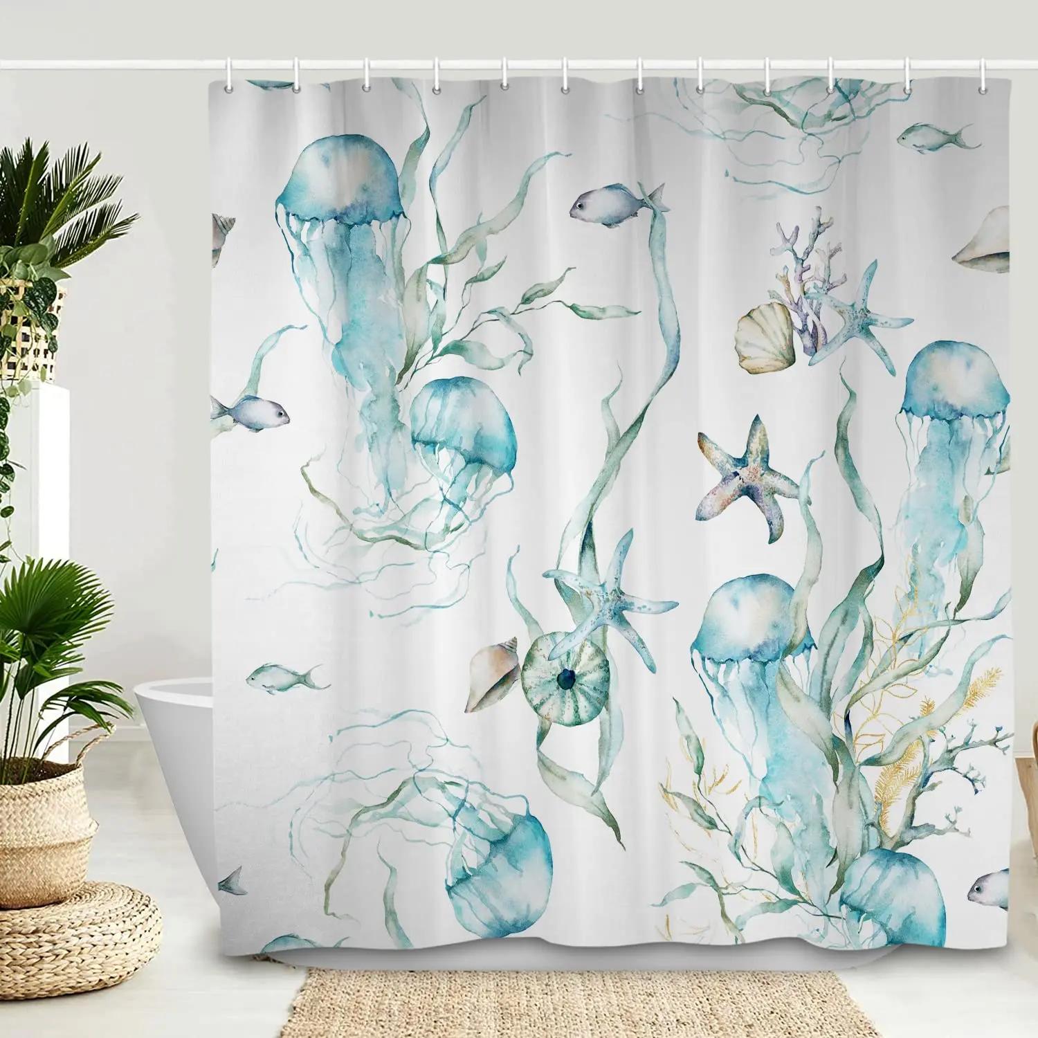 

Jellyfish Shower Curtain Blue Magic Underwater Sea Life Shower Curtains Funny Aquatic Bathroom Curtains Bath Screen,Waterproof W90xH180cm