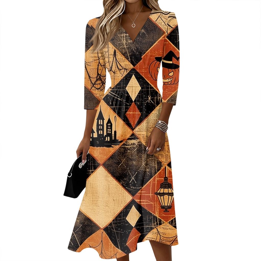 Women's Casual V-Neck Three-Quarter Sleeve Dress with Back Zipper