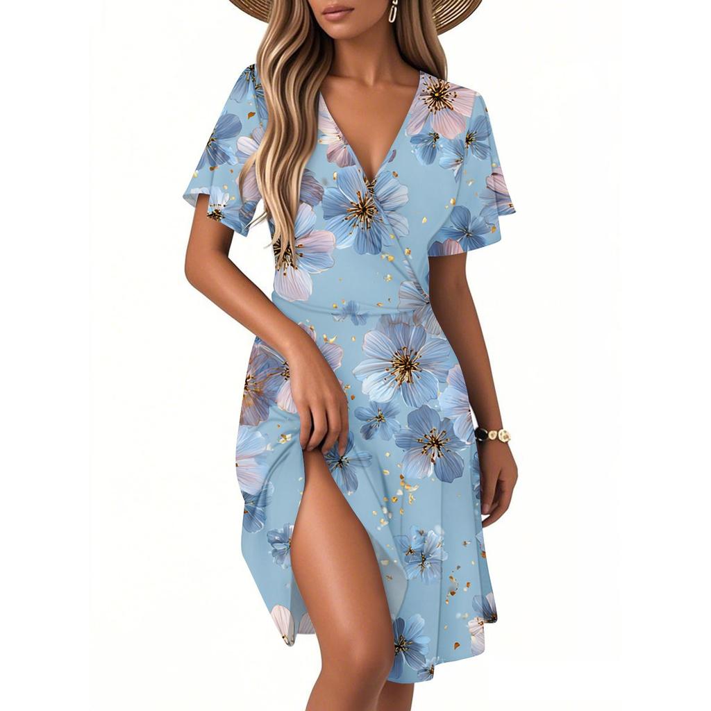 Women's Fashion Short Sleeve Wrap Sundress V-Neck Floral Print Dresses
