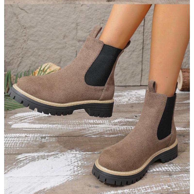 Scrub Leather Women's Inside Heightening Short Boots Platform Chelsea Booties Plus Fleece Warmth Ankle Boots Botas De Mujer