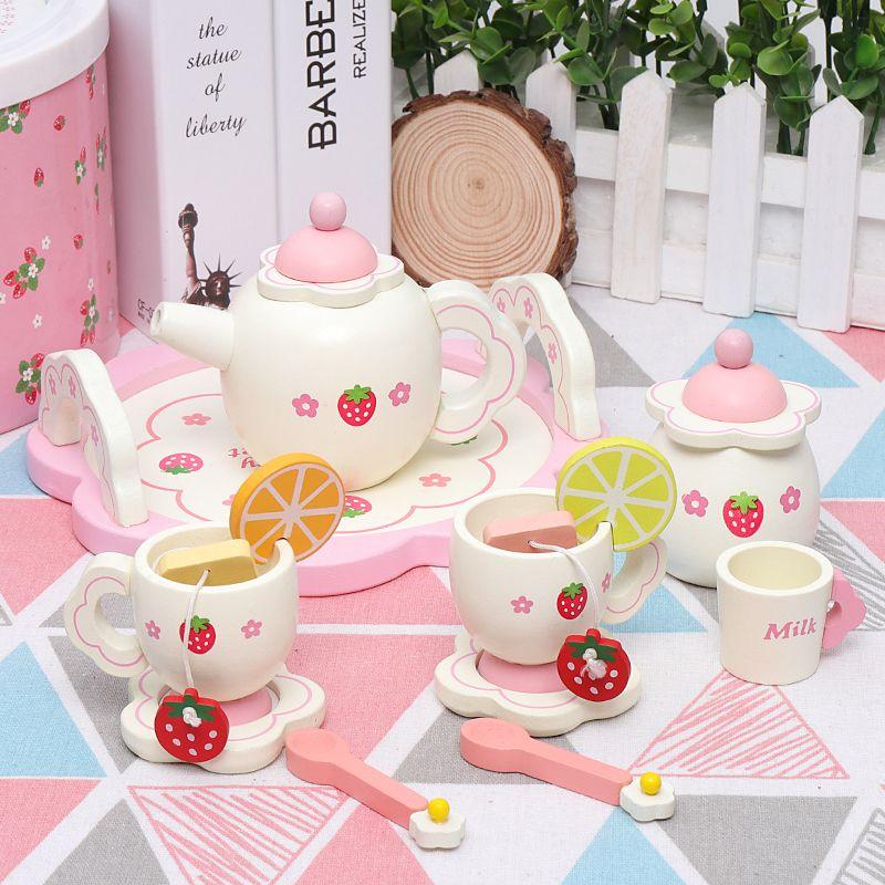 

Export Fashion White Tea Set Suit Wooden Toy Strawberry Afternoon Tea Kids Play House Teapot Tea Set White tea set combination