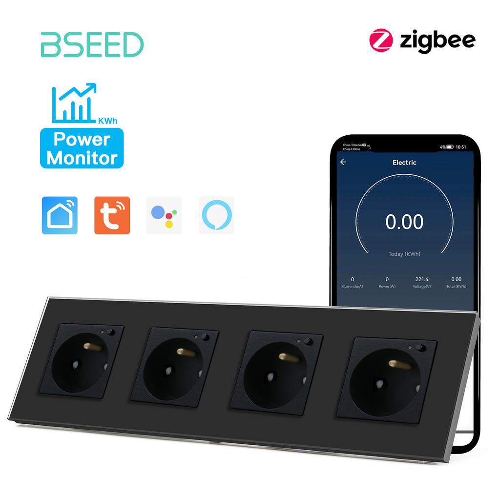 BSEED French Zigbee Socket Wall Smart Sockets Power Monitor Function Tuya Smart Life Google Alexa Voice Control Glass Panel 16A