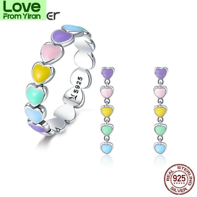 Rainbow Series Jewelry Set , Tone For Women Heart To Heart Finger Ring Earrings Fine Jewelry Giveaway GiftTrendy Rings