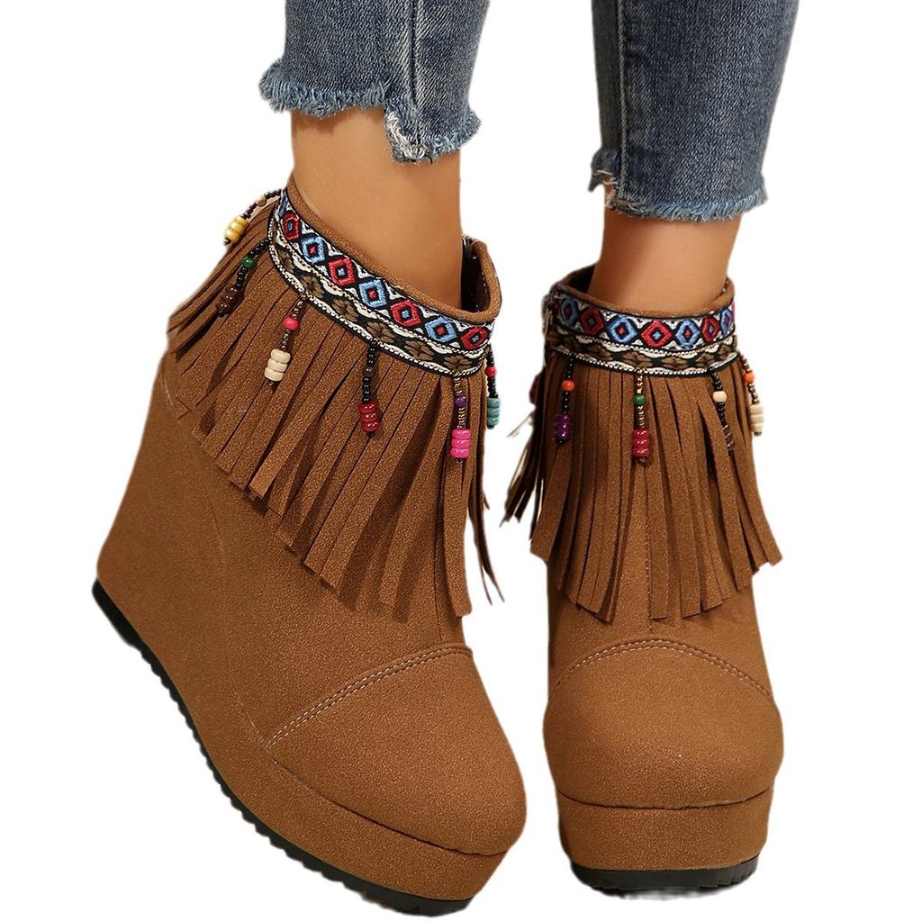 2024 Neue Außenhandel Übergröße Fransen Dicke Sohle Keil Wildleder Nationaler Wind Runde Zehe Temperament Warme Fransenstiefel