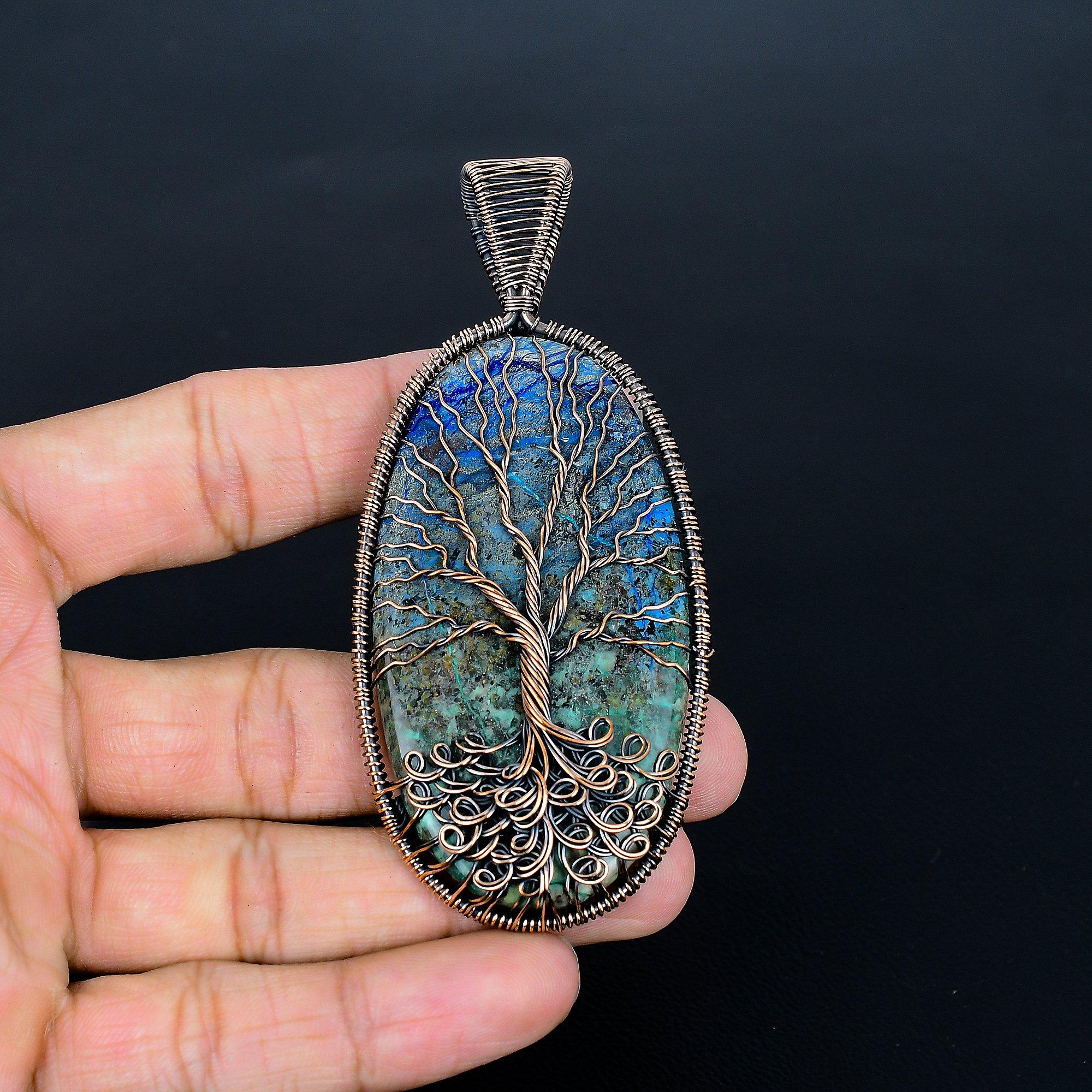 

Tree Of Life Azurite Malachite Pendant, Handmade Gemstone 999 Copper Wire Wrap Pendant Antique Jewelry, For Gift Copper Jewelry 3.74 Inches