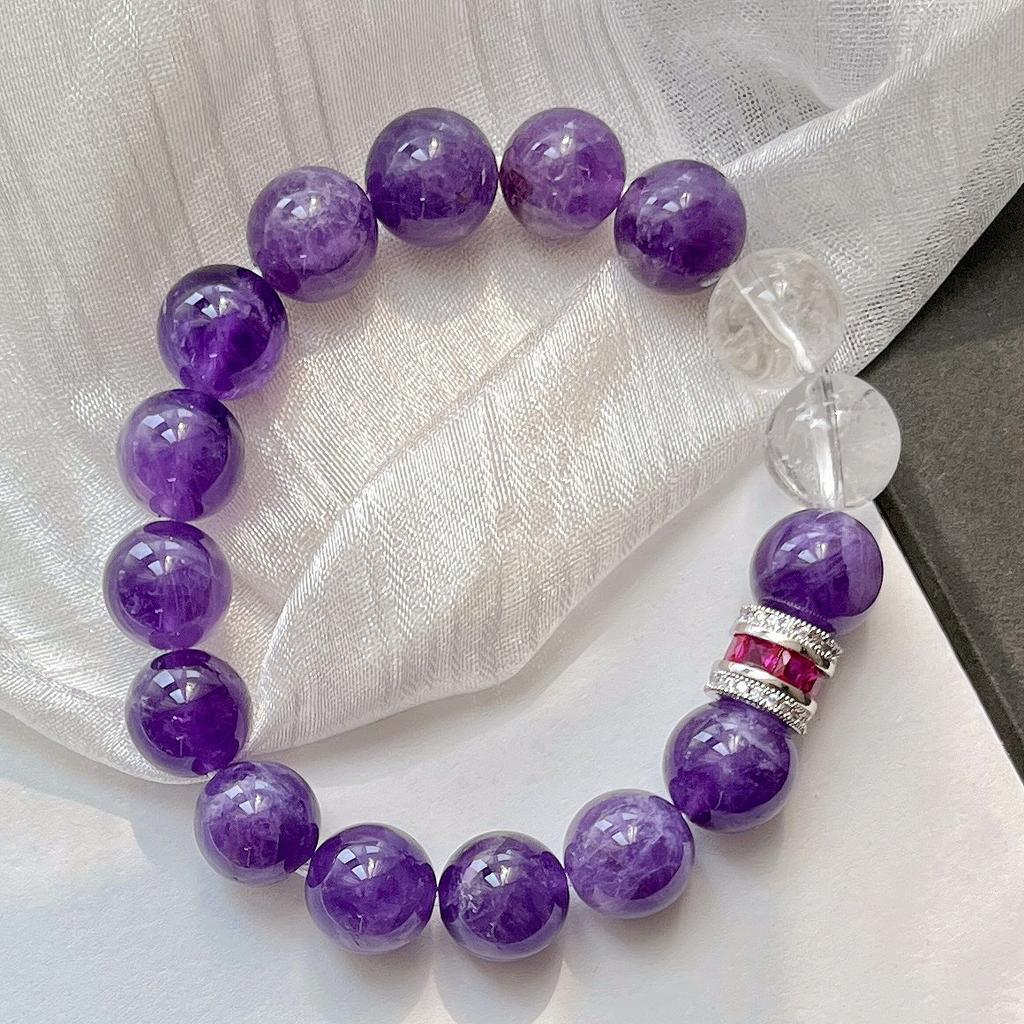 12Mm Natural Amethyst White Crystal Design Bracelet Bracelet