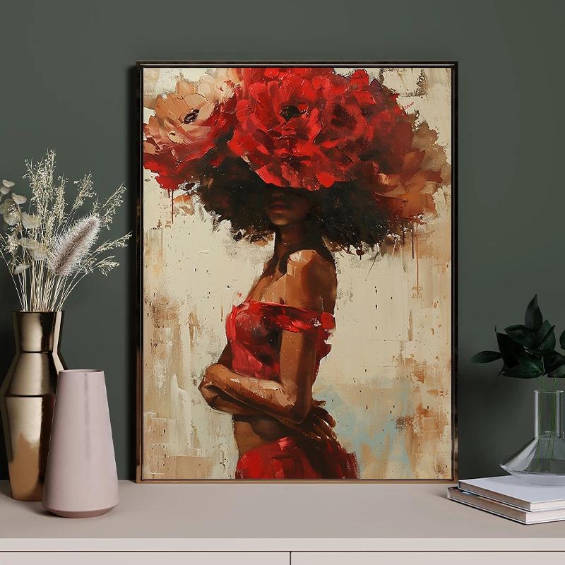 Abstrakte Blumen Kopf Haar Schwarz Afrikanisches Mädchen Frau Boho Poster Leinwand Malerei Wandkunst Bilder für Wohnzimmer Heimdekor