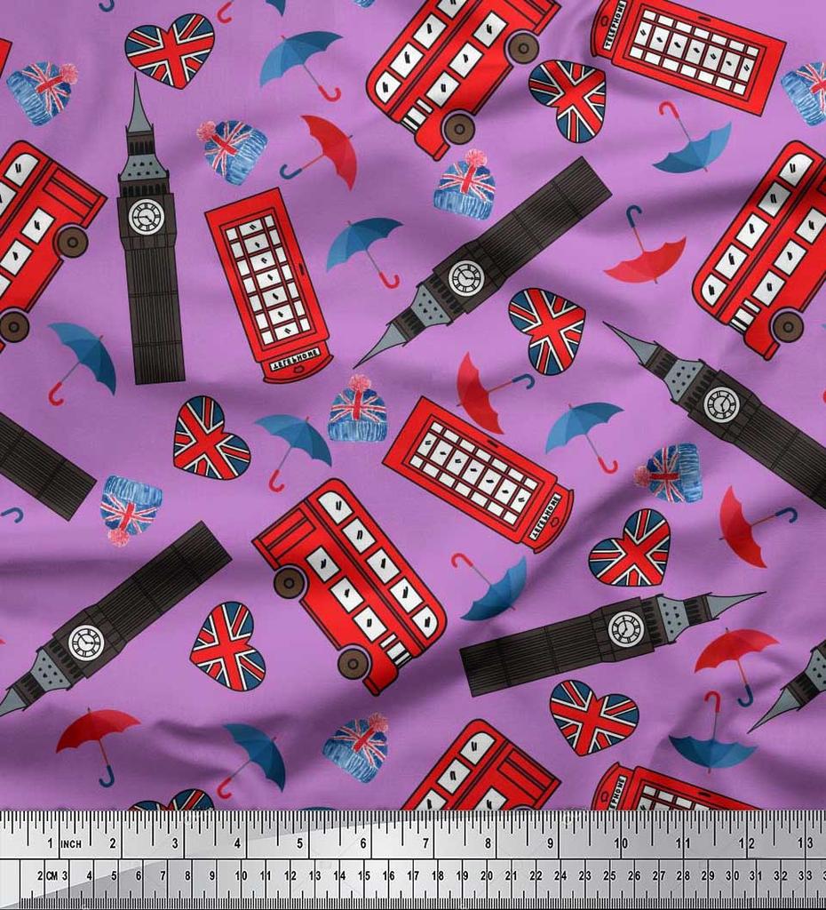 Soimoi Japan Crepe Satin Fabric Bus,Telephone Booth & London Clock Tower Architectural Print Sewing Fabric Metre 42 Inch
