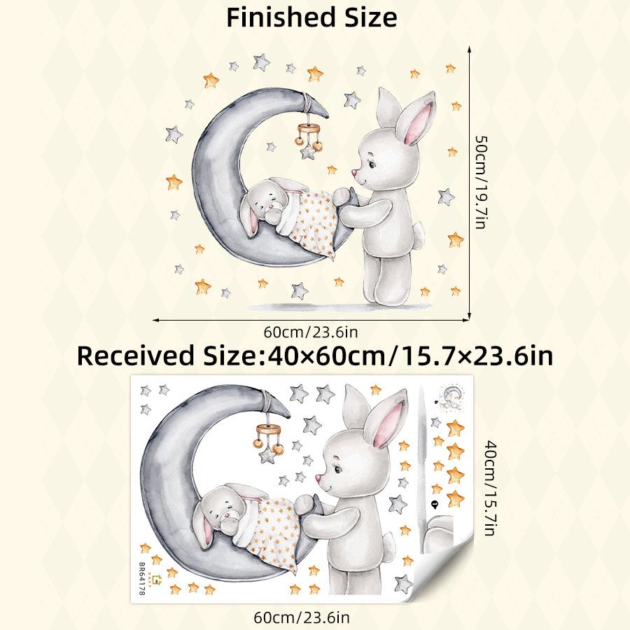 Sleeping Baby Bunny in Moon Cradle Wall Stickers, Cute Cartoon Self-Adhesive Decor for Kids Room Kindergarten Decoration