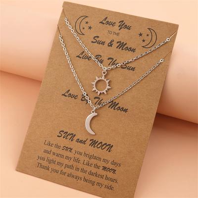 Fashion Silver Color Sun Moon Necklace Pendant for Women Double Layer Chain Necklace Gifts