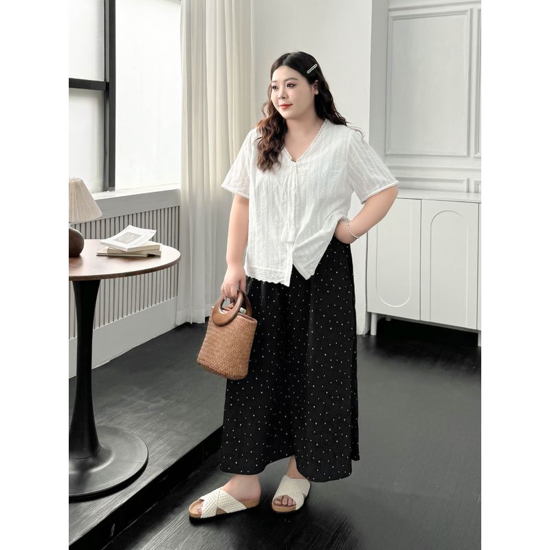 Plus size women clothing [Polka Dot Yamamoto Culottes] Gentle Wind Wear Wrinkle Feeling Loose Summer Chubby Girl Capri Wide Leg Pants