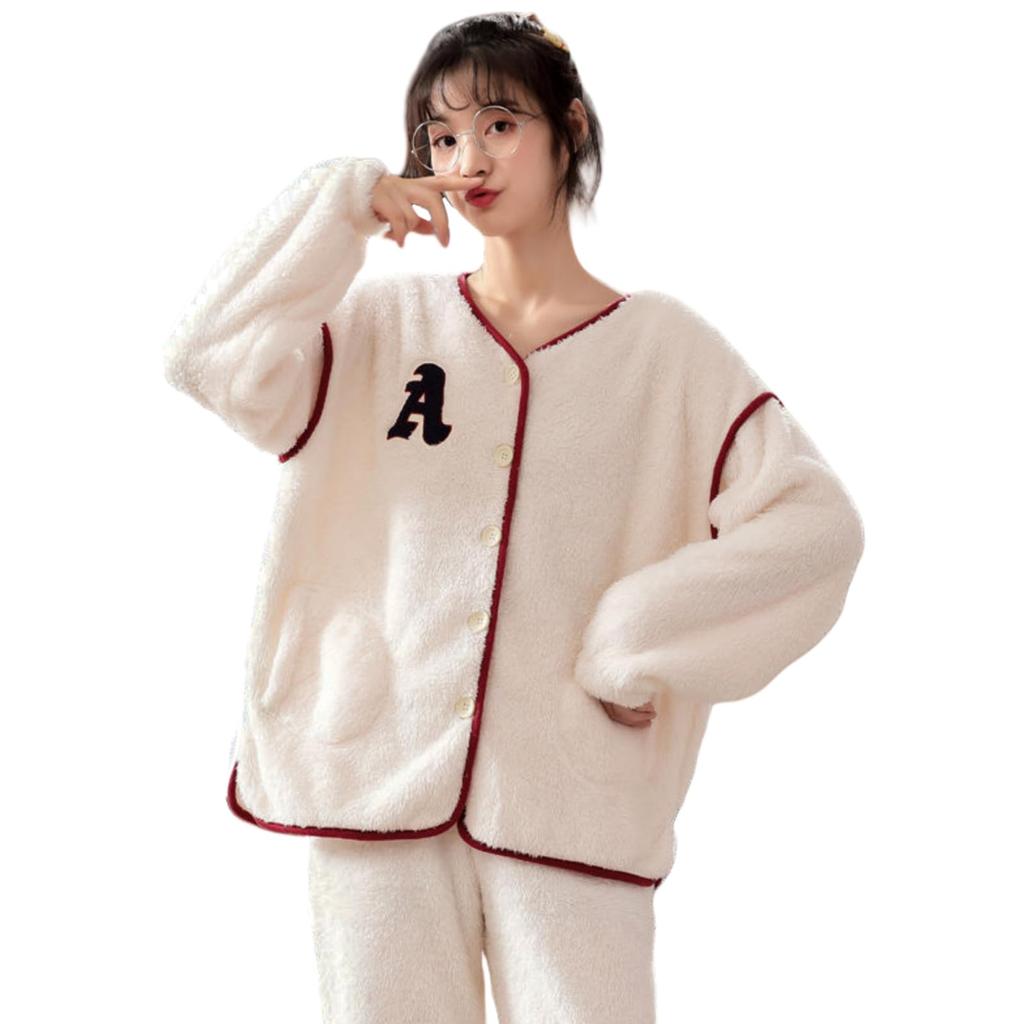Tiernyueth Pajama and Loungewear Top and Bottoms with Plus Velvet Fleece Solid Long Long Warm Loungewear for and Winter Women's Set, V-Neck Lining,