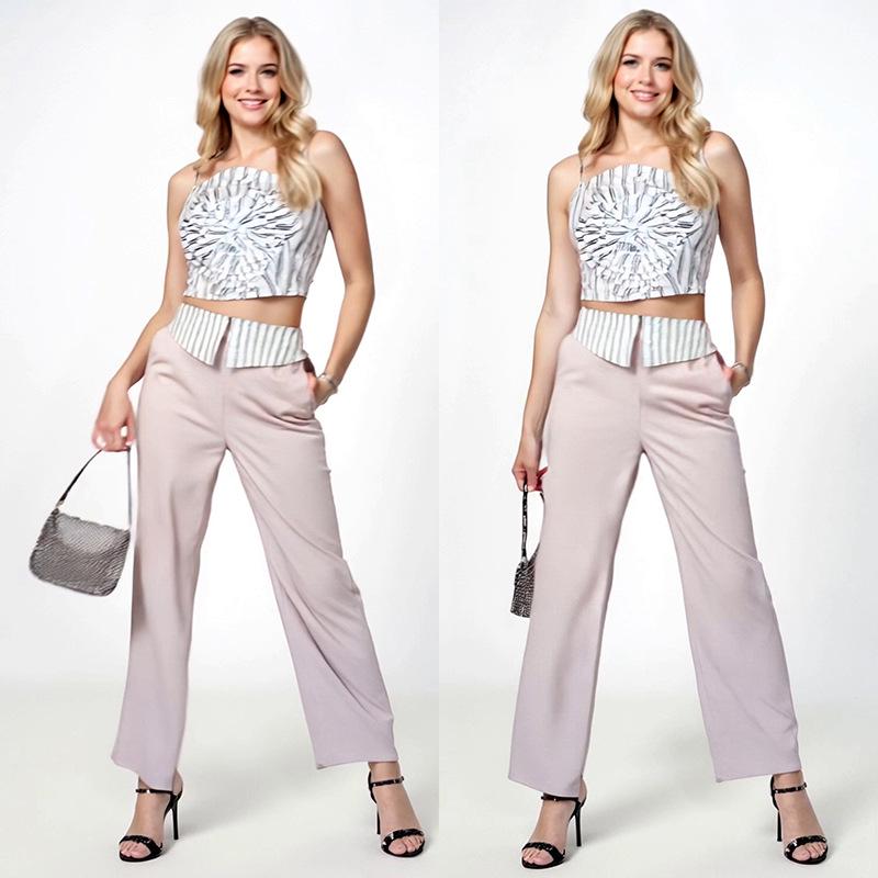 European-American Design Women's Striped Floral Tube Top & Straight-Leg Pants Set