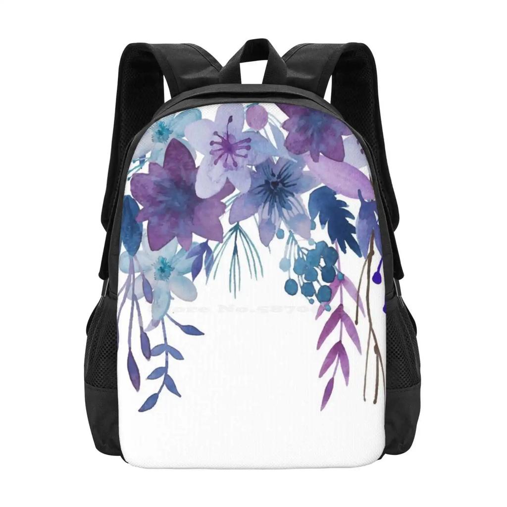 Blue Purple Flowers School Bag Big Capacity Backpack Laptop Watercolor Floral Bouquet Modern Wild Aquarel Purple Flowers Blue