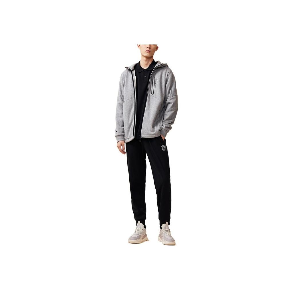 Anta Logo Print Pattern Zipper Hooded Fleece Jacket Men Jackets Gray Patterned-Gray 952247706-1