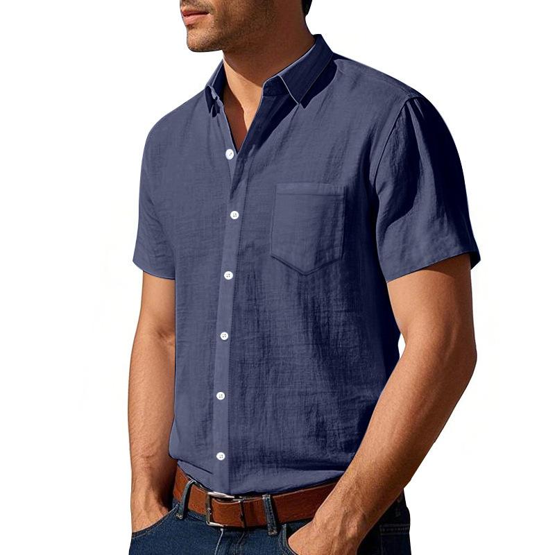 Mens Casual Linen Short Sleeve Button Down Shirt With Pocket