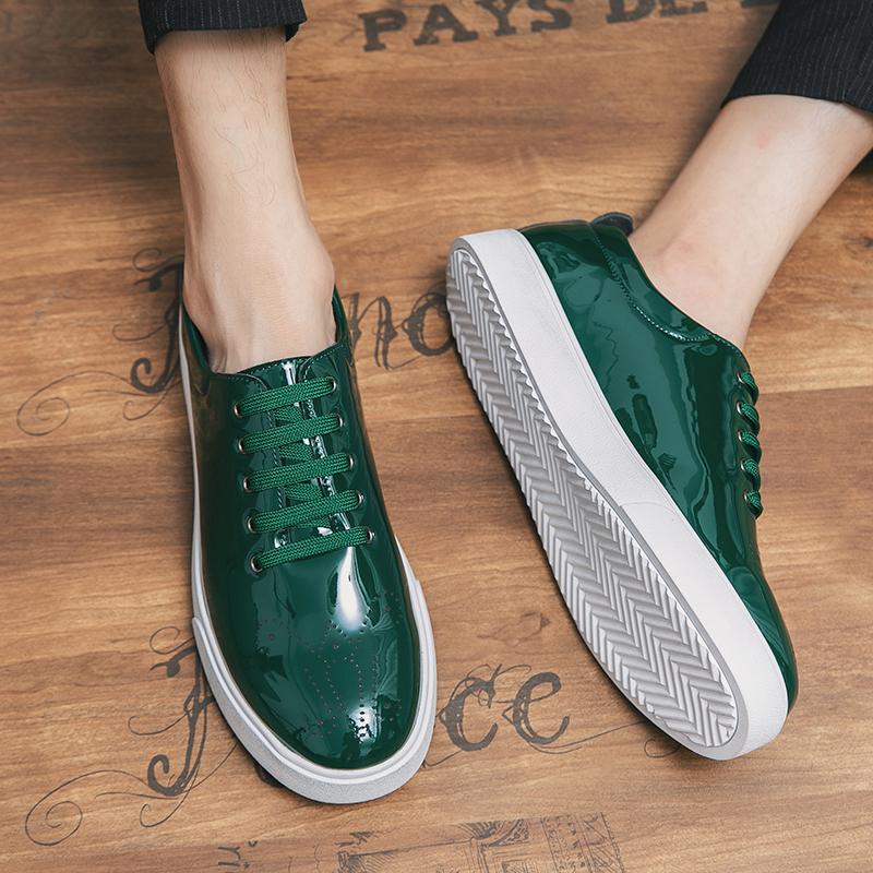 Green Flat Patent Leather Shoes Fashion Board Shoes Men Casual Lace-up Black Shoes Male Canvas Shoes Autumn Spring Walking Shoes