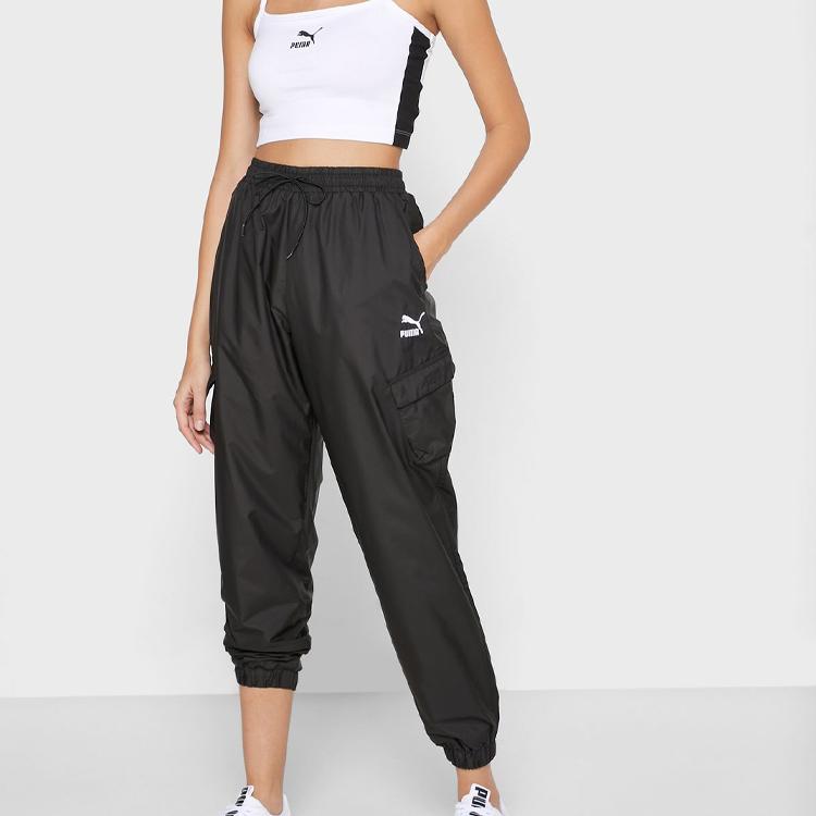 Puma Small Logo Embroidered Pattern Woven Drawstring Cuff Sports Pants Women Pants Black 598496-01