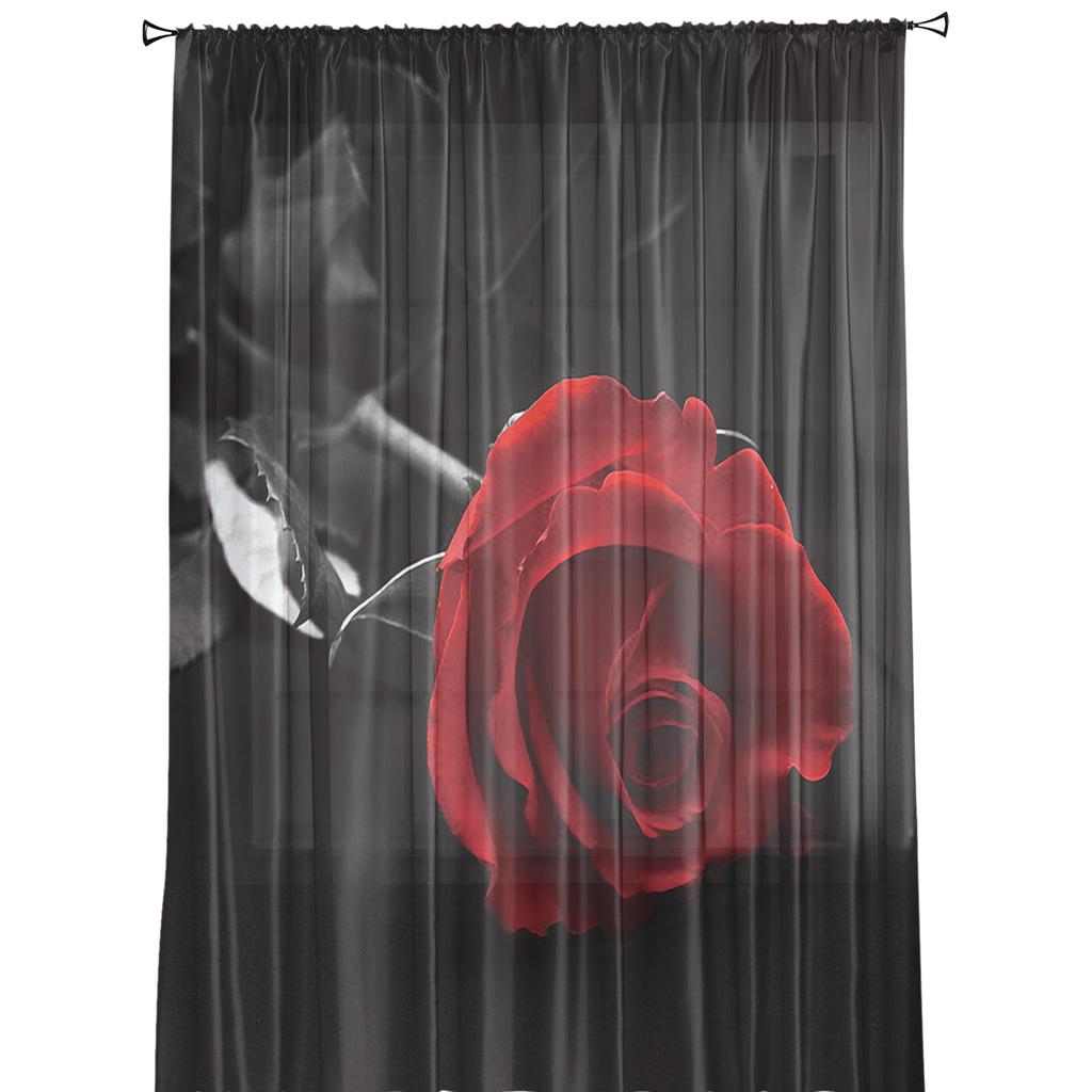 Rote Rose Blume Schwarze Moderne Vorhänge Für Wohnzimmer Transparente Tüllvorhänge Fenstersheer Für Das Schlafzimmer Zubehör Dekor