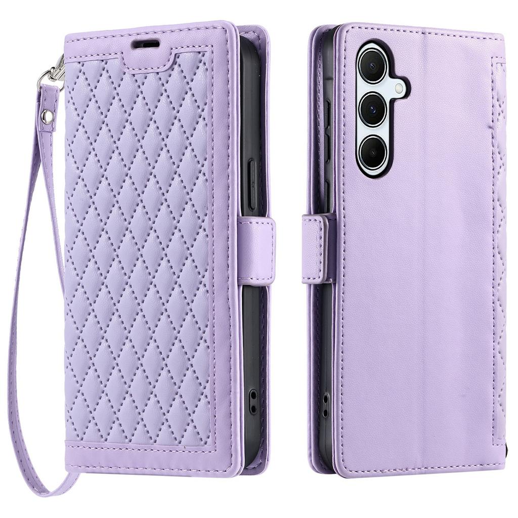 For Samsung Galaxy S25 Leather Case Rhombus Texture Wallet Stand Phone Cover with Wrist Strap