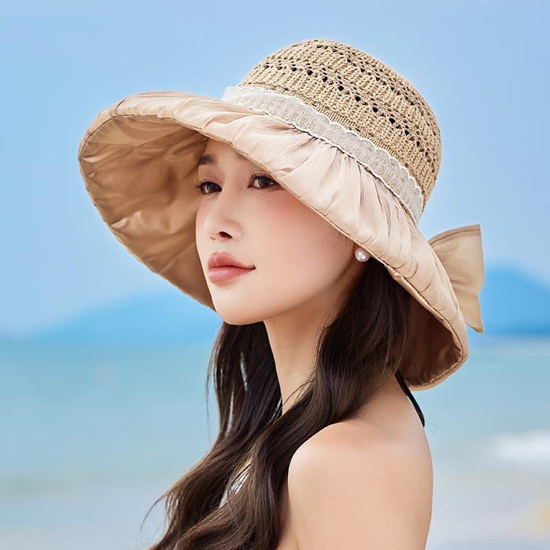 

Летняя новая шляпа женская кружевная с большими полями солнцезащитная шляпа от солнца бант хвост шляпа от солнца с изысканным чувством One Size