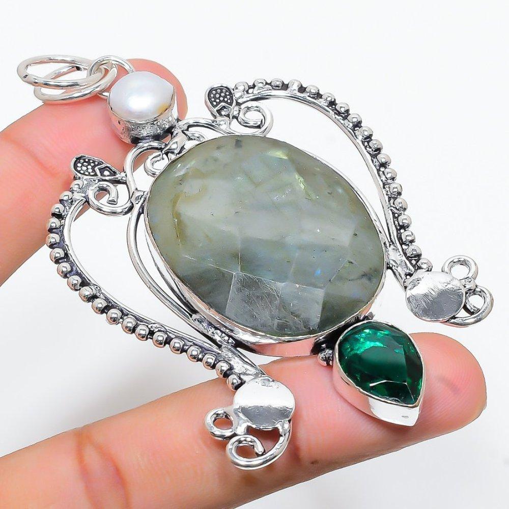 Labradorit, Perle Edelstein Handgefertigt 925 Sterlingsilber Geschenk Anhänger 3.39" g9R66