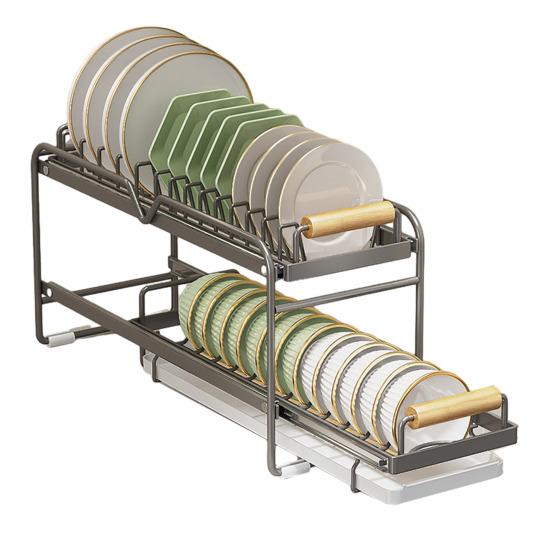 Dish Storage Rack Drawer Type Carbon Steel Frame Wooden Handle Organizer Rational Use of Space Drying Rack for Kitchen