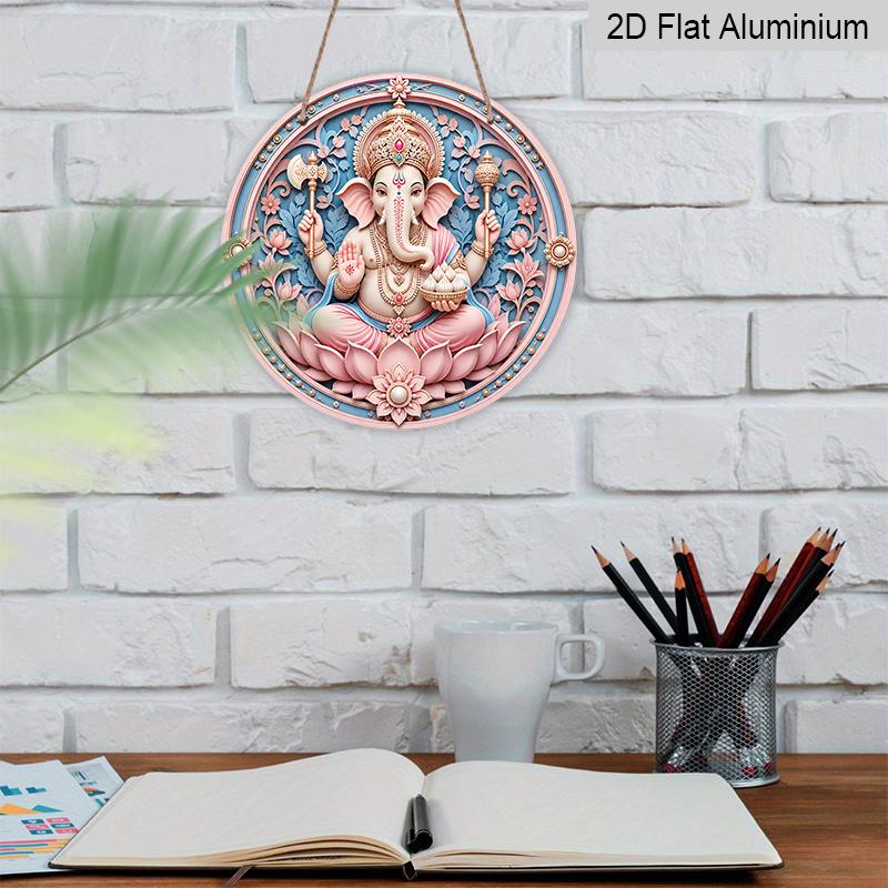 2D Flat, 1pc Round Aluminum Hanging Sign, Pink Blue Lord Ganesha Modak Pink Lotus Pearl Floral Border Print, Easy Hang Indoor Outdoor Metal Plaque