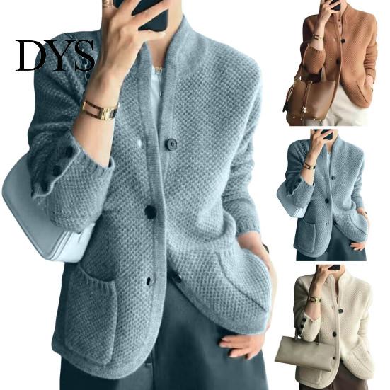 Soft Women Jacket Lady Winter Coat Knitted Thickened Single-breasted Solid Color Pockets Stand Collar Warm Button Decor Cardigan Daily Wear