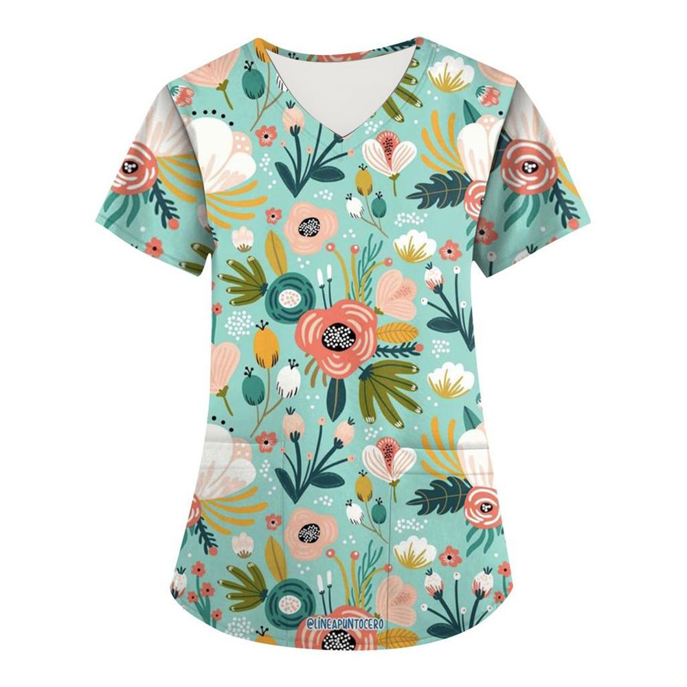 Surgical Uniforms Woman Fashion Floral Print Comforts Dental Nurse Tops Casual V-Neck Short Sleeve Vet Spa Nurse Uniform Woman