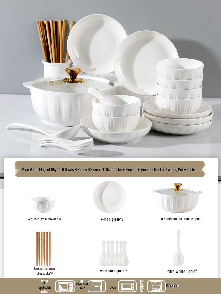 Pure White Ceramic Tableware Set: Dinner Bowls, Rice Bowls, Plates, Dishes, and Double-Ear Soup Bowls for Home Use.