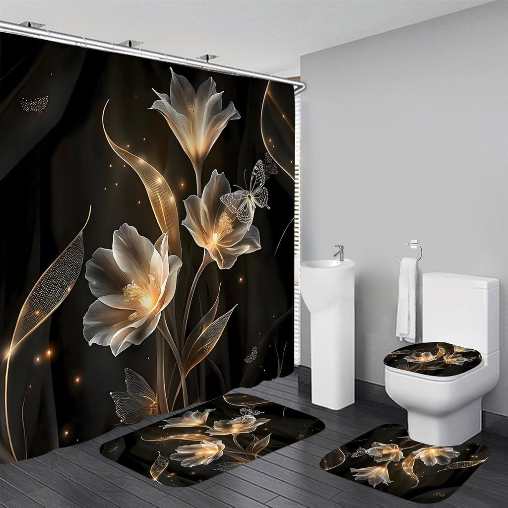 8styles 4Pcs Bathroom Shower Curtain Set Green Tree Nature Bathroom Curtain With 12 Hooks Non Slip Rugs Toilet Cover Mat Bathroom Partition