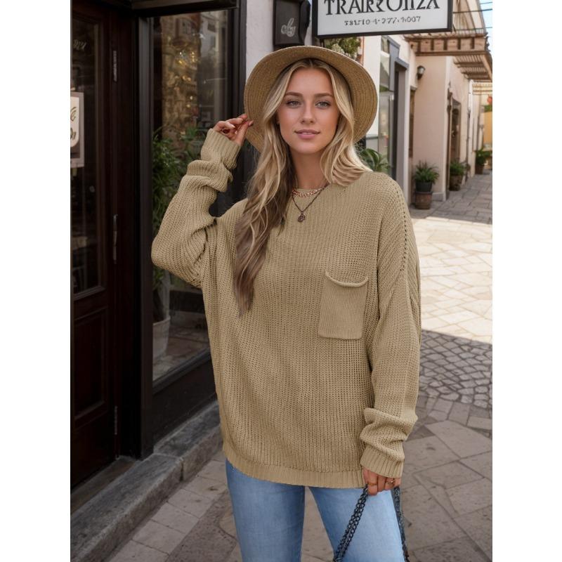 Winter Hot Sale Solid Color Chic Pocket Decorative Crew Neck Women's Bottom Knitted Sweater Pullover Sweater